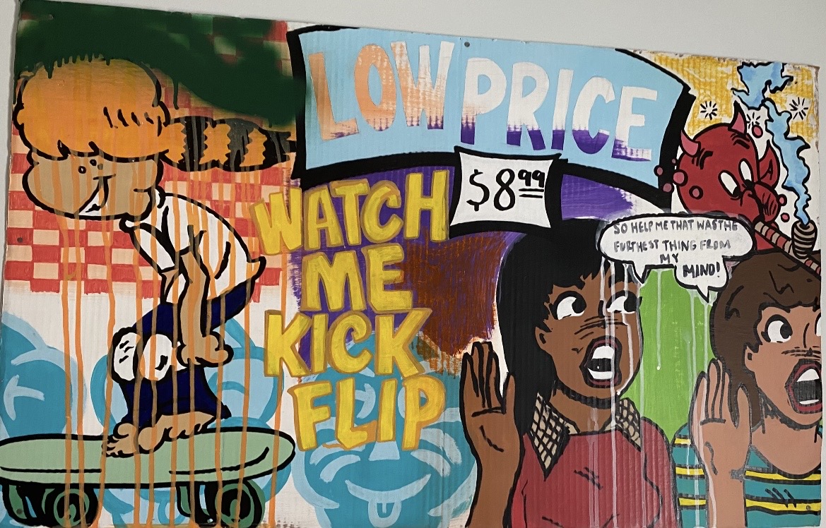 Colorful mixed-media work featuring nostalgic references