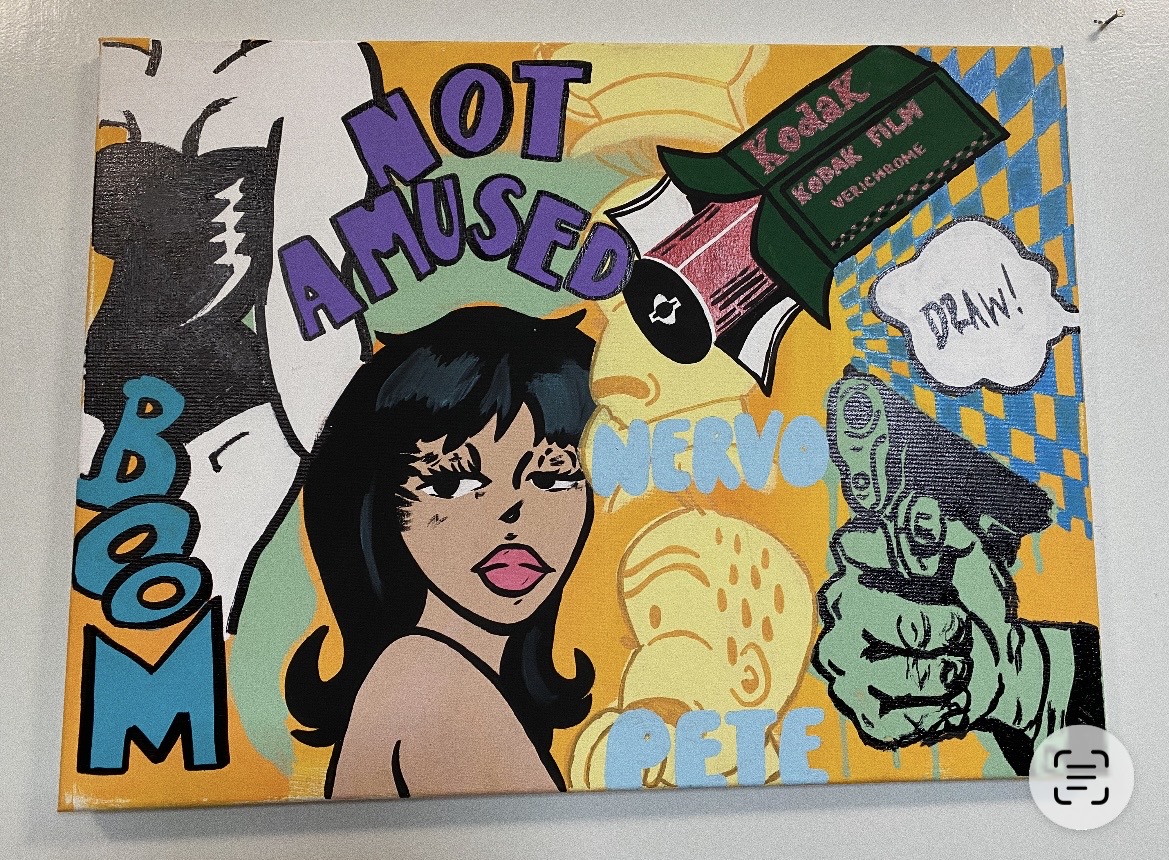 Mixed-media painting with pop culture references